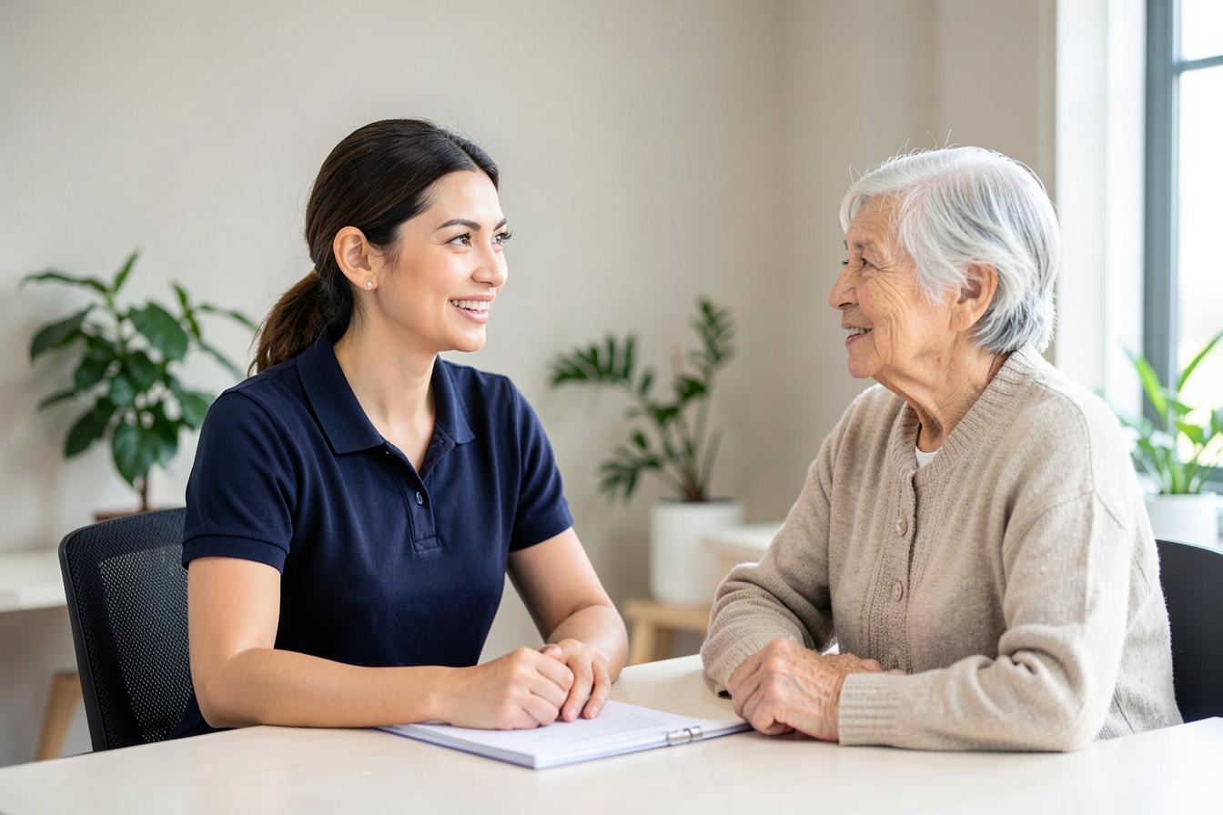 A friendly Allied care coordinator listening to an elderly member at a bright, comfortable desk.